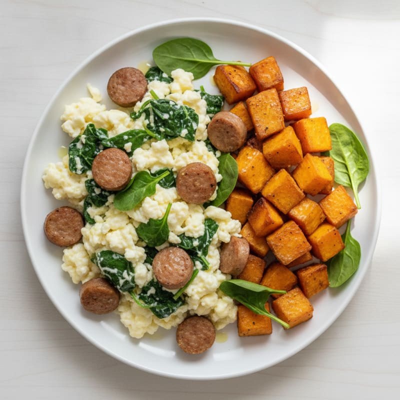 Egg White Spinach Scramble with Turkey Sausage and Roasted Sweet Potatoes