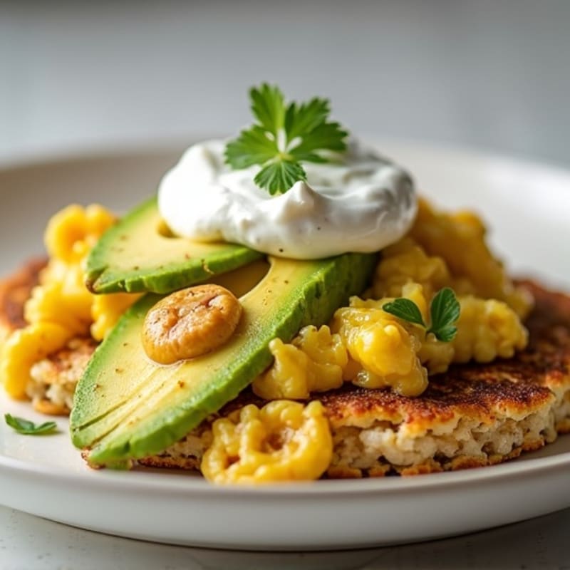 Egg and Avocado Scramble with Greek Yogurt and Peanut Butter Rice Cakes