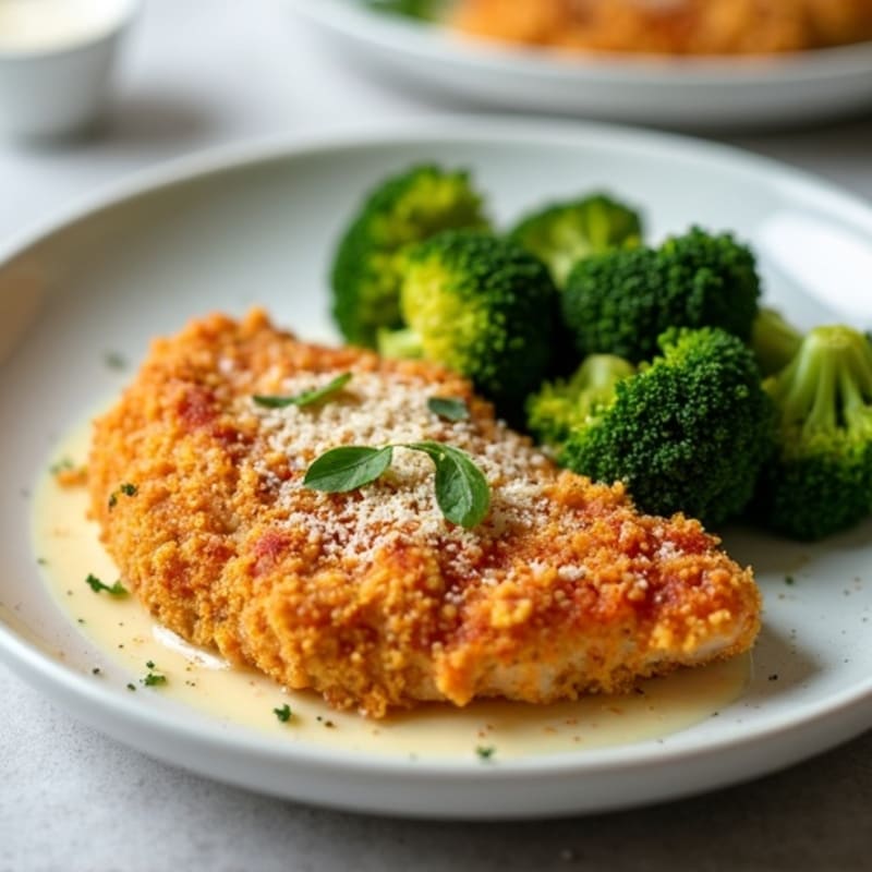 Healthy Crispy Chicken Parmesan with Roasted Broccoli