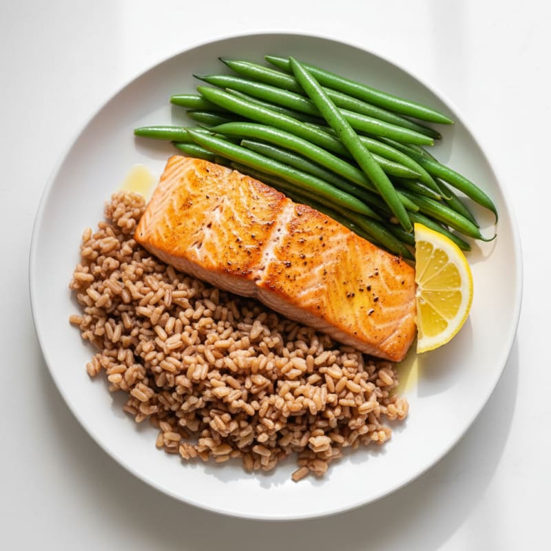 Seared Salmon with Steamed Green Beans and Brown Rice