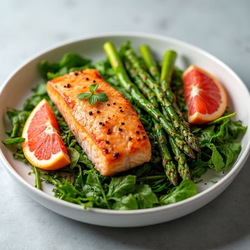 Seared Salmon with Steamed Asparagus and Mixed Greens