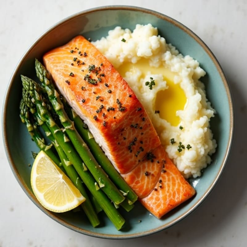Seared Salmon with Steamed Asparagus and Cauliflower Mash