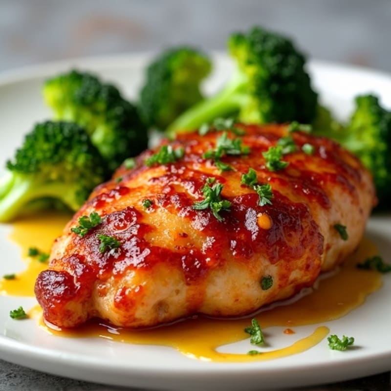 Baked Crispy Chicken with Sticky Sweet and Spicy Glaze and Roasted Broccoli