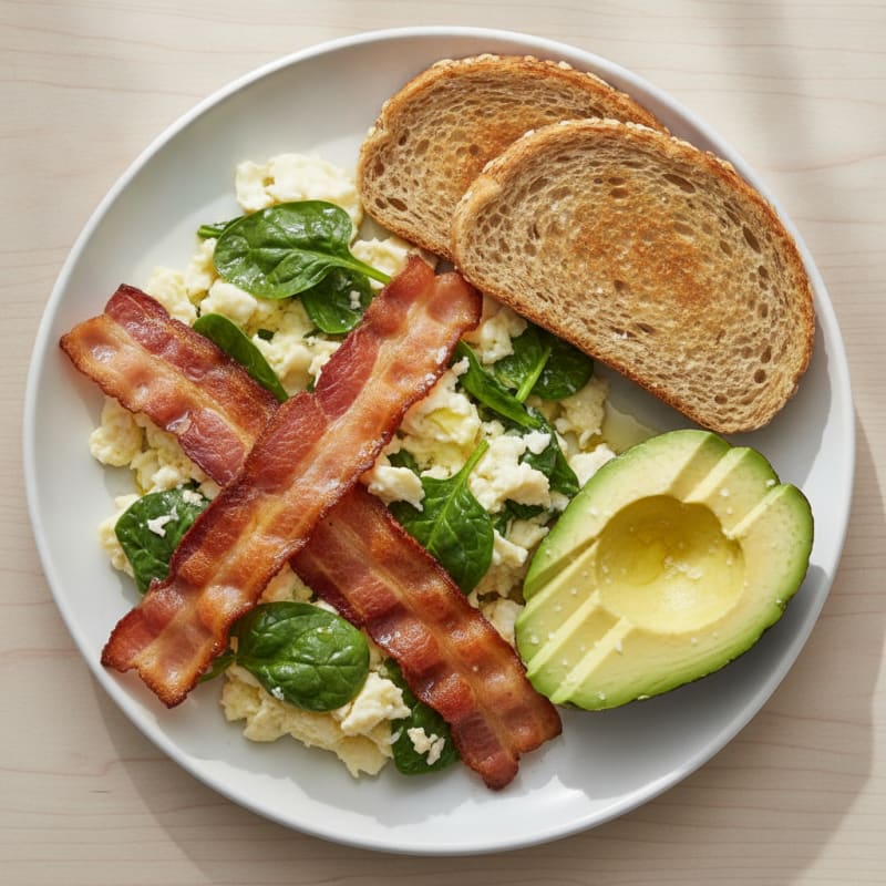 Crispy Turkey Bacon and Egg White Scramble with Spinach
