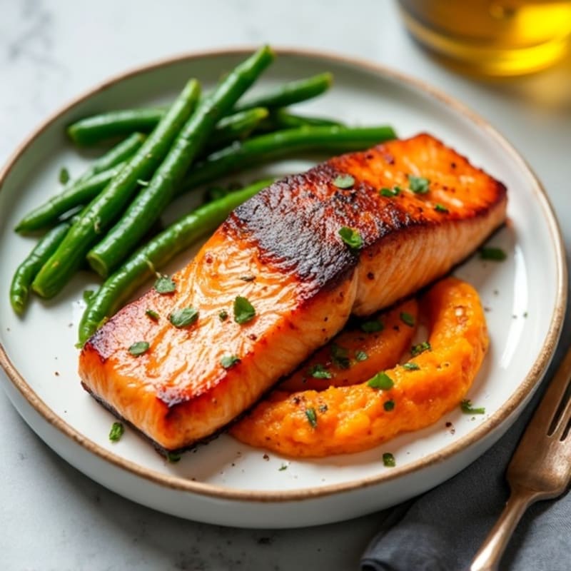 Seared Salmon with Steamed Green Beans and Sweet Potato Mash