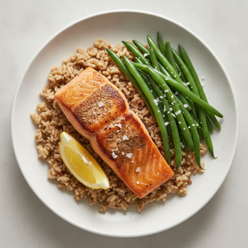 Seared Salmon Filet with Steamed Green Beans and Brown Rice