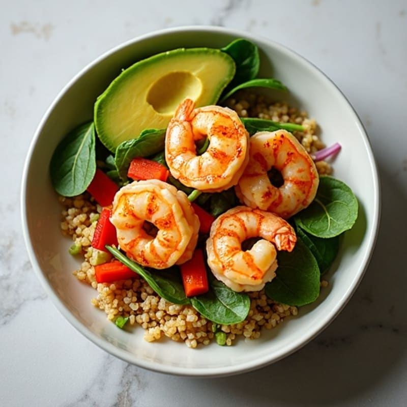 Spicy Seared Shrimp and Quinoa Power Bowl with Creamy Avocado Dressing