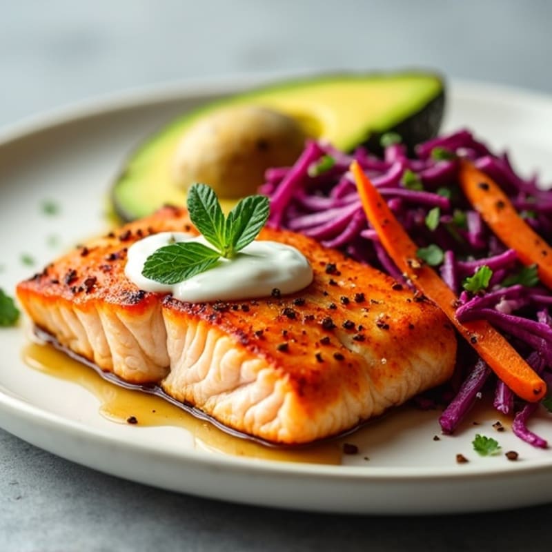 Spicy Pan-Seared Salmon with Creamy Avocado Slaw