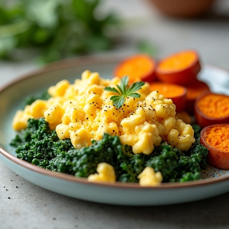 Fluffy Egg Scramble with Sautéed Spinach and Roasted Sweet Potatoes