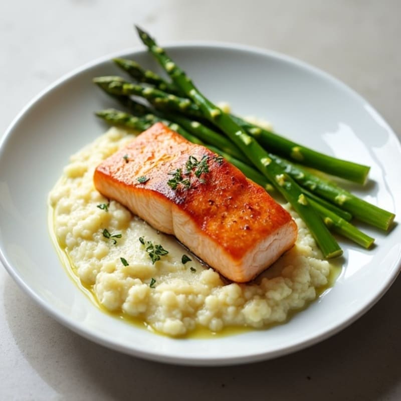 Seared Salmon with Steamed Asparagus and Cauliflower Mash