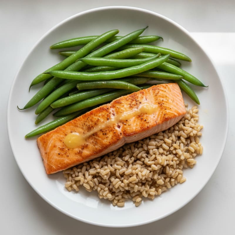 Seared Salmon with Steamed Green Beans and Brown Rice