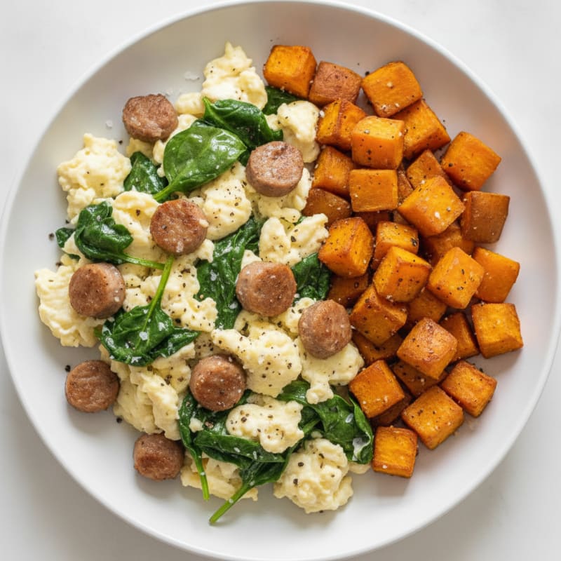 Egg White Spinach Scramble with Turkey Sausage and Roasted Sweet Potato