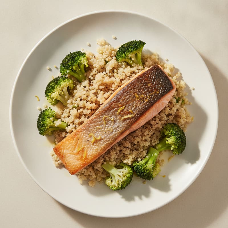 Seared Salmon with Steamed Broccoli and Quinoa