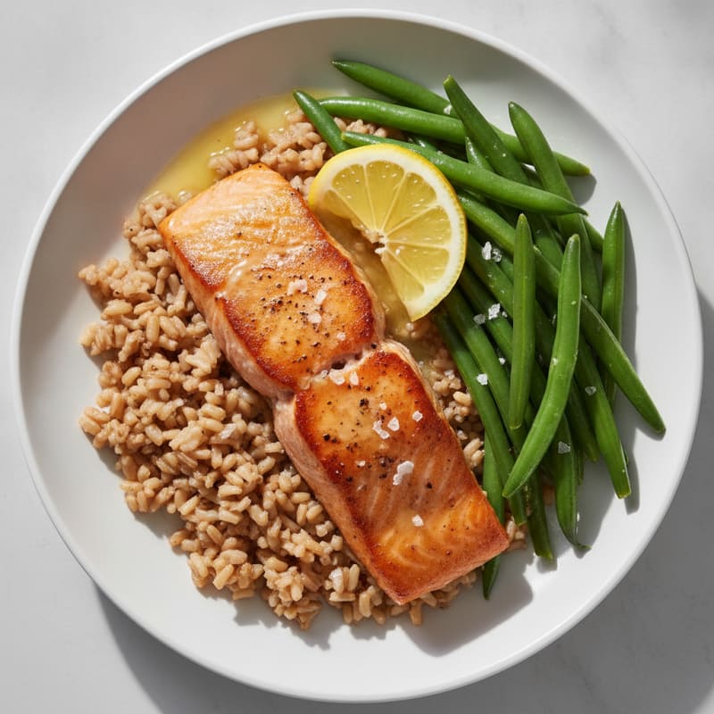 Seared Salmon Fillet with Steamed Green Beans and Brown Rice