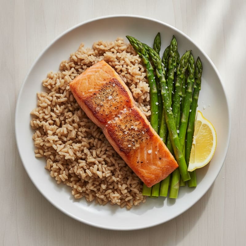 Seared Salmon with Steamed Asparagus and Brown Rice