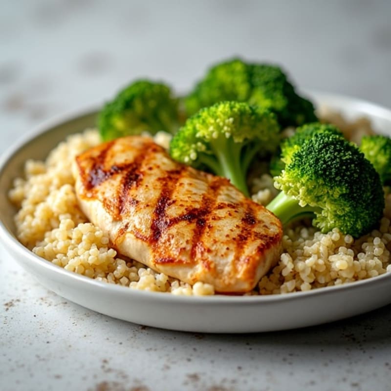 Grilled Chicken Breast with Steamed Broccoli and Quinoa