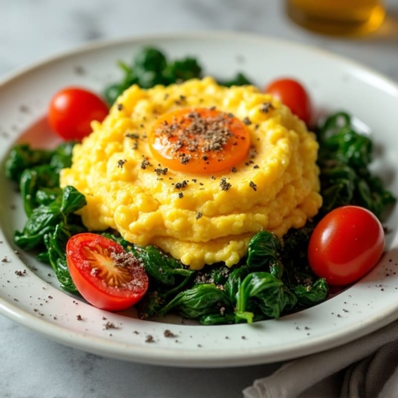 Fluffy Scrambled Eggs with Sautéed Spinach and Cherry Tomatoes