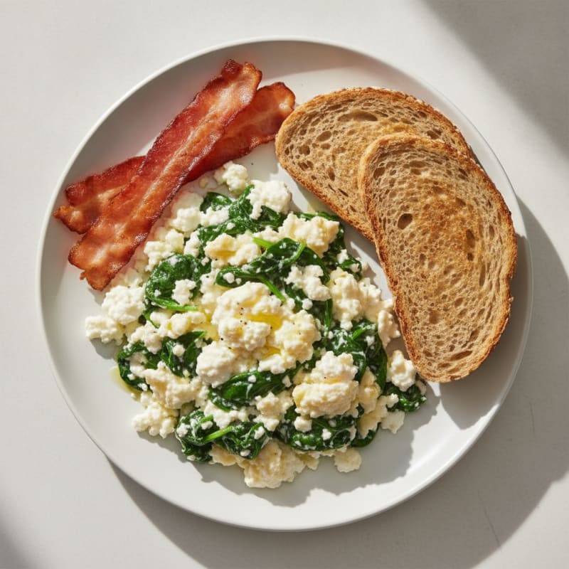 Cottage Cheese Scramble with Spinach and Turkey Bacon