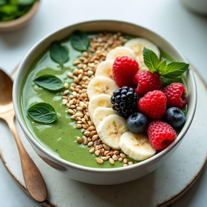 Creamy Green Power Smoothie Bowl with Fresh Berries and Crunchy Seeds
