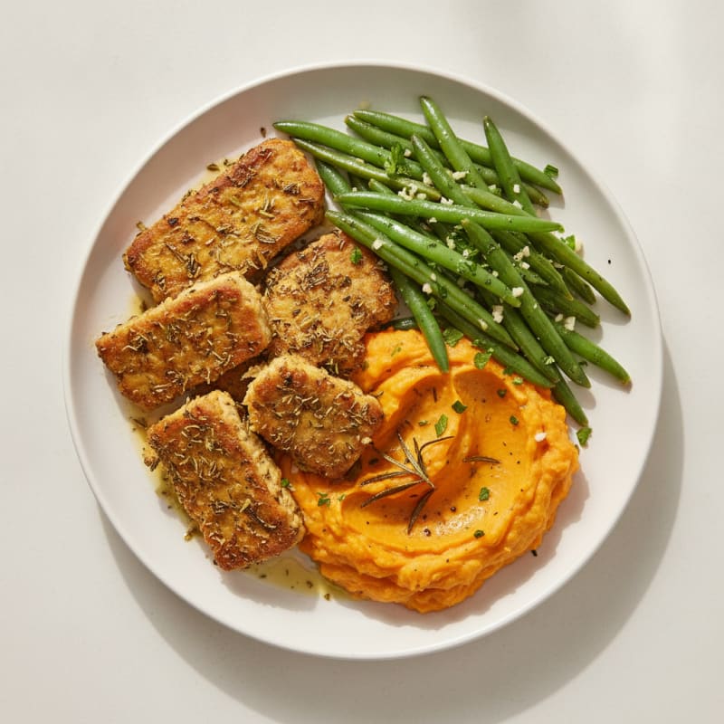 Herb-Roasted Tempeh with Garlic Green Beans and Sweet Potato Mash