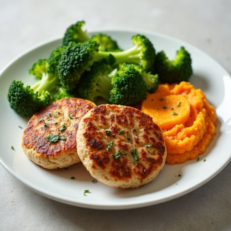 Seared Turkey Patties with Steamed Broccoli and Sweet Potato Mash