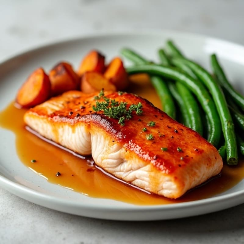 Sticky Maple-Glazed Salmon with Roasted Sweet Potatoes and Crispy Green Beans
