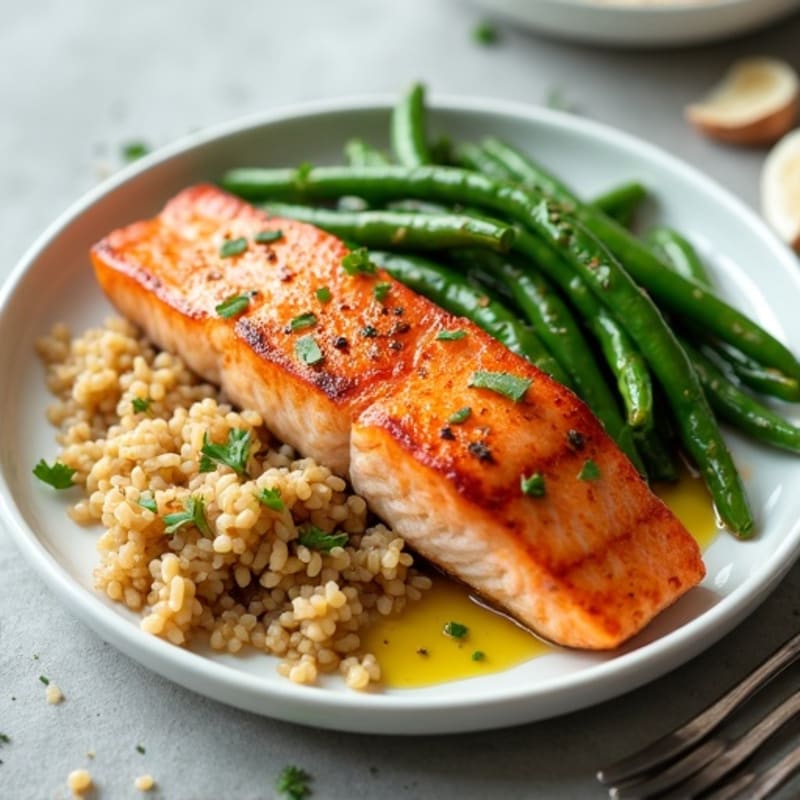 Seared Salmon with Garlic Green Beans and Brown Rice