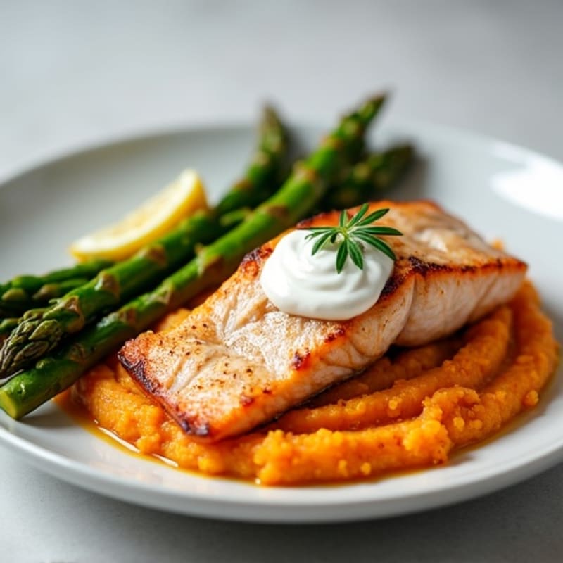 Seared Salmon with Roasted Asparagus and Sweet Potato Mash