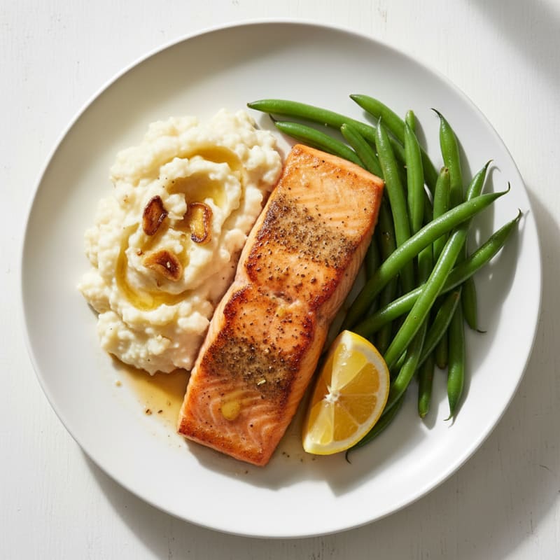 Seared Salmon Filet with Steamed Green Beans and Garlic Mashed Cauliflower
