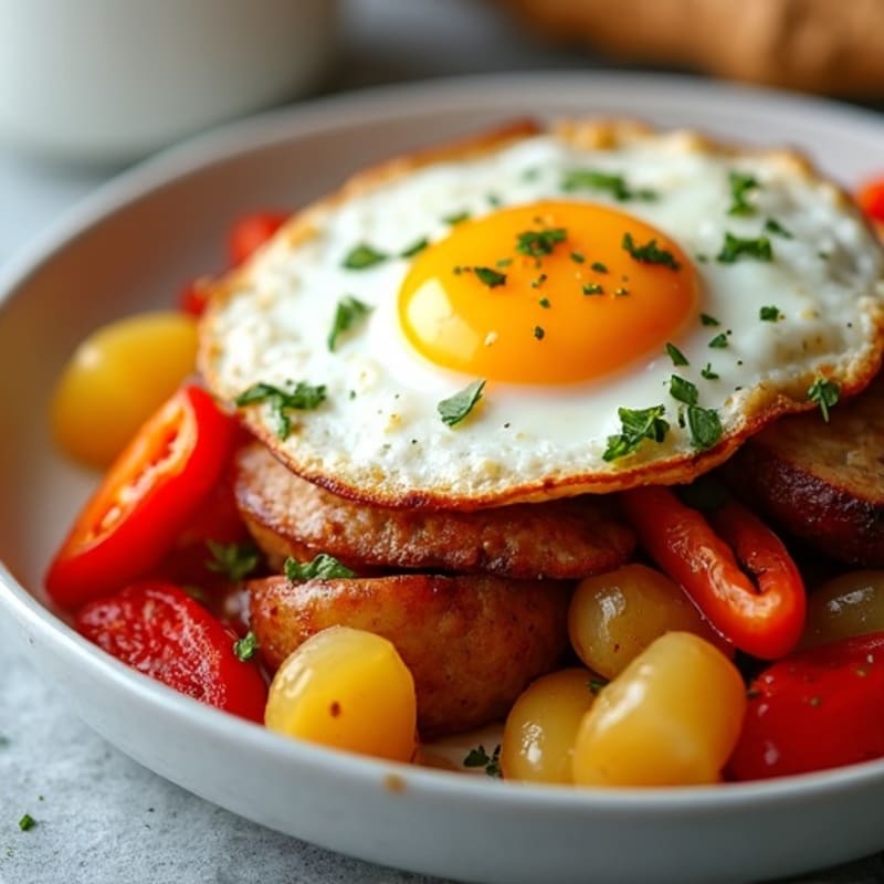 Crispy Roasted Potato and Chicken Sausage Hash with Sautéed Bell Peppers
