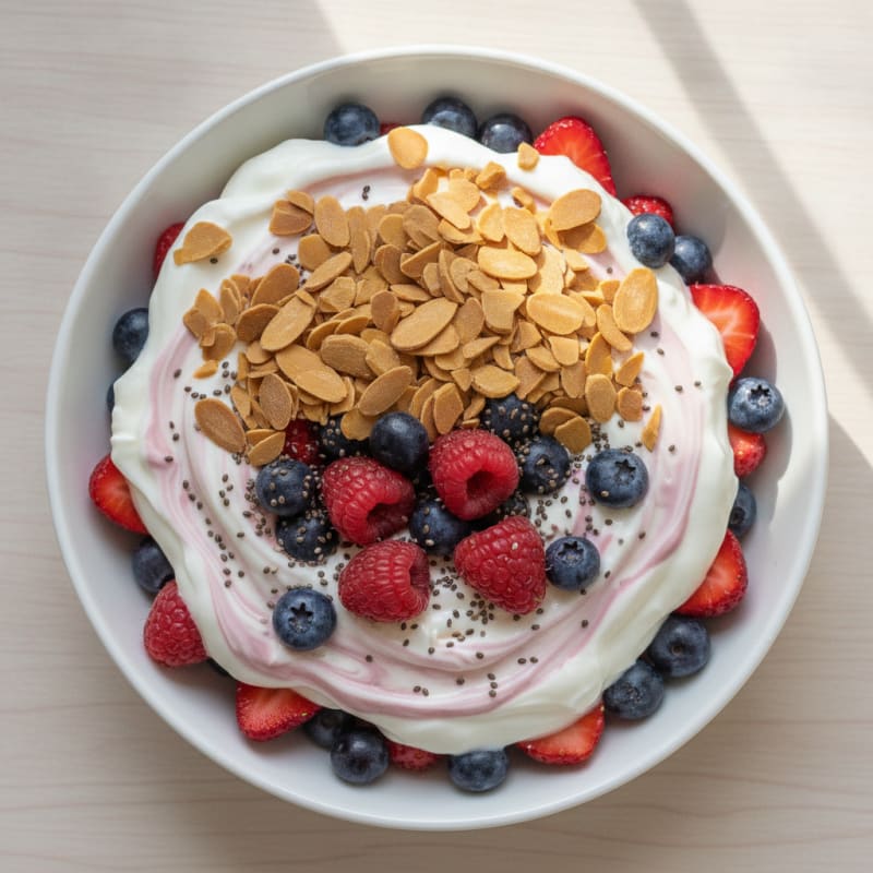 Greek Yogurt Protein Parfait with Mixed Berries and Almonds