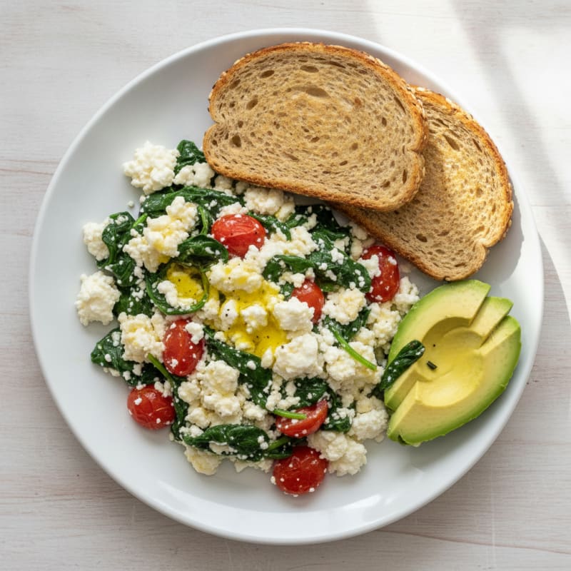 Cottage Cheese Egg White Scramble with Sautéed Spinach and Tomatoes