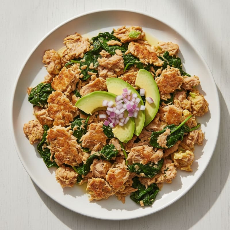 Crispy Tuna and Spinach Egg Scramble