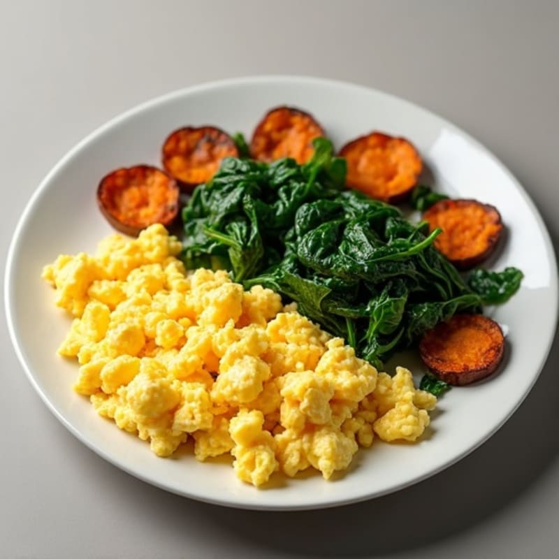 Fluffy Scrambled Eggs with Fresh Spinach and Roasted Sweet Potatoes
