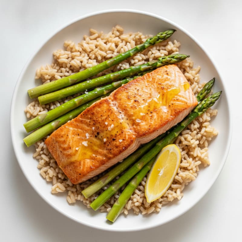 Seared Salmon with Steamed Asparagus and Brown Rice