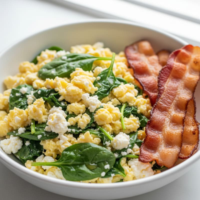 Cottage Cheese Scramble with Turkey Bacon and Spinach