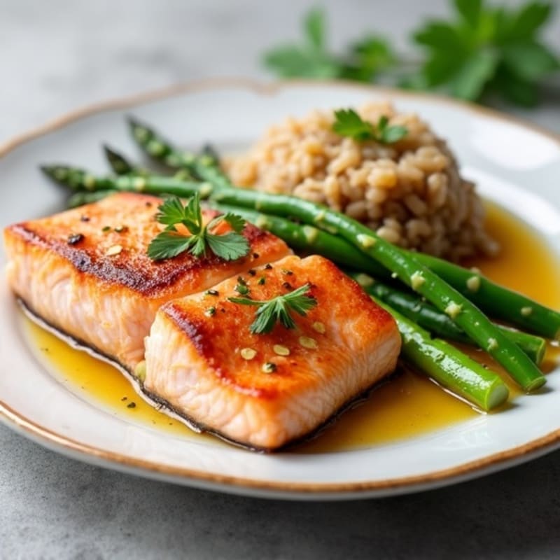 Seared Salmon Fillet with Steamed Asparagus and Brown Rice