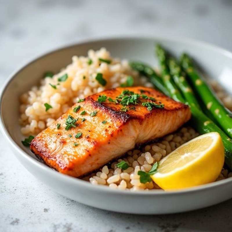 Seared Salmon Fillet with Steamed Asparagus and Brown Rice