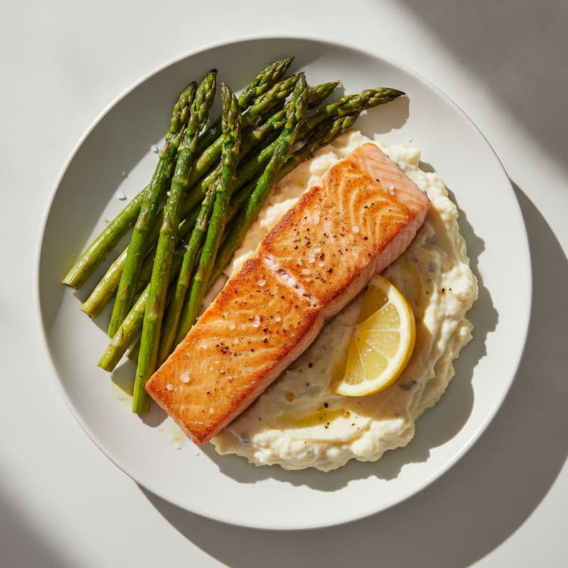 Seared Salmon with Roasted Asparagus and Cauliflower Mash