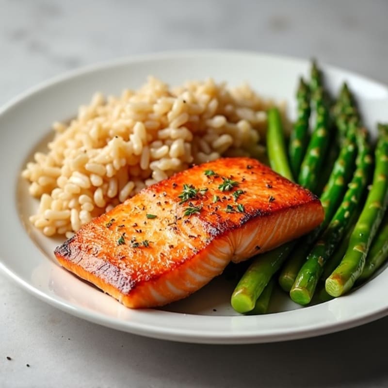 Seared Salmon Fillet with Steamed Asparagus and Brown Rice