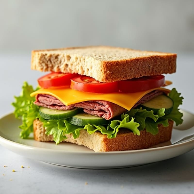 Lean Roast Beef and Sharp Cheddar Whole Grain Sandwich with Crisp Veggies