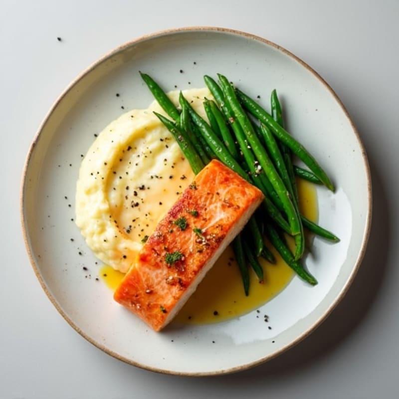 Seared Salmon with Steamed Green Beans and Cauliflower Mash