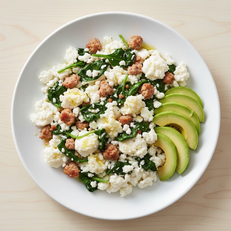 Egg White Scramble with Turkey Sausage and Sautéed Spinach