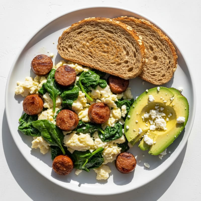 Grilled Turkey Sausage and Egg White Scramble with Spinach