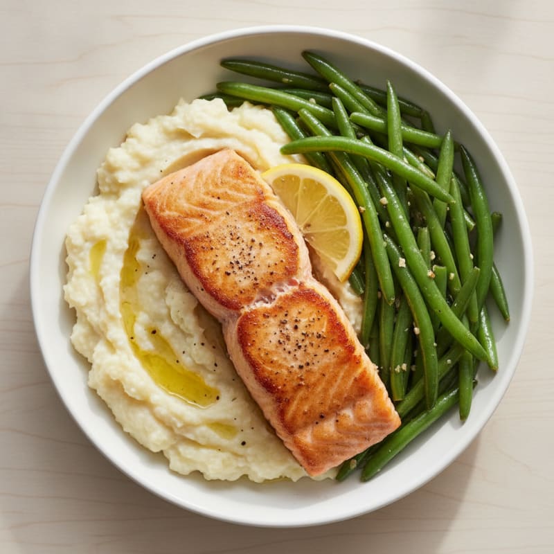 Seared Salmon with Garlic Green Beans and Cauliflower Mash