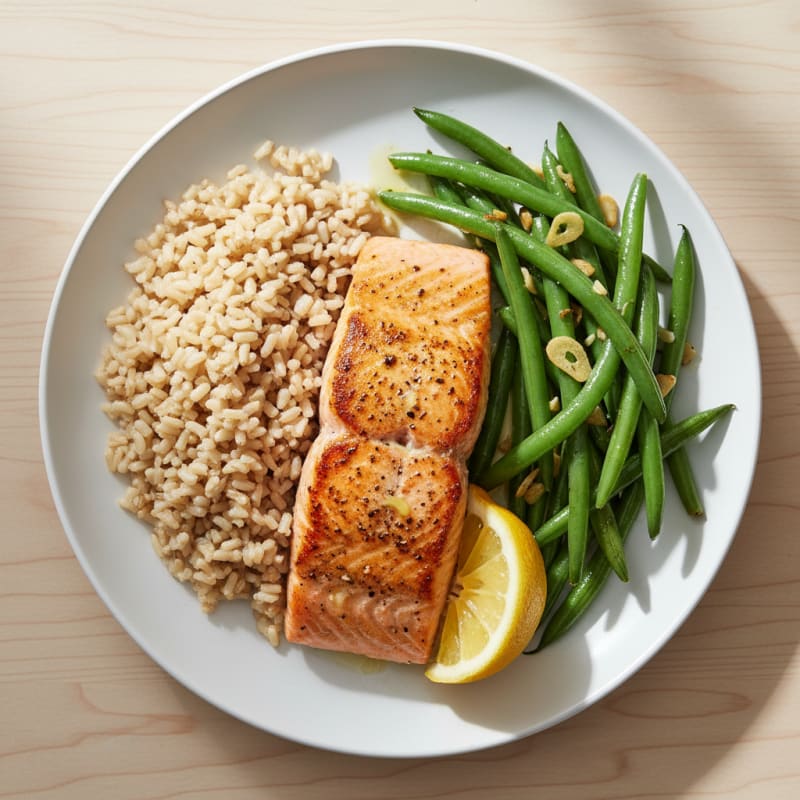Seared Salmon with Garlic Green Beans and Brown Rice