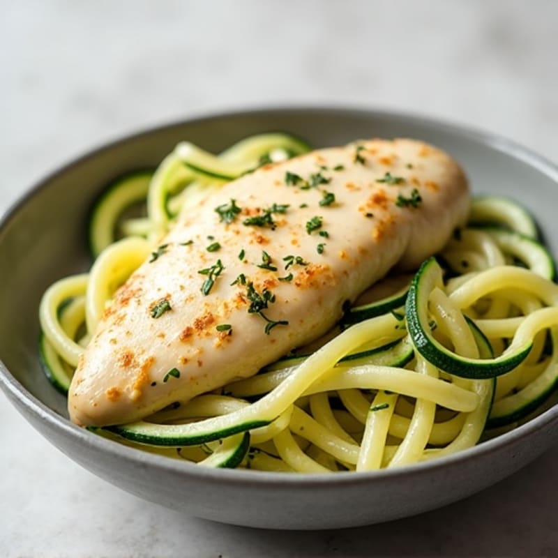 Creamy Cauliflower Alfredo Chicken with Zucchini Noodles