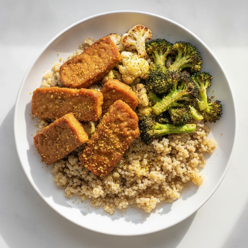 Crispy Tempeh Power Bowl with Quinoa and Roasted Vegetables
