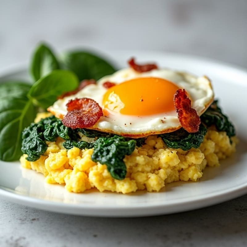 Cottage Cheese Egg Scramble with Sautéed Spinach and Turkey Bacon