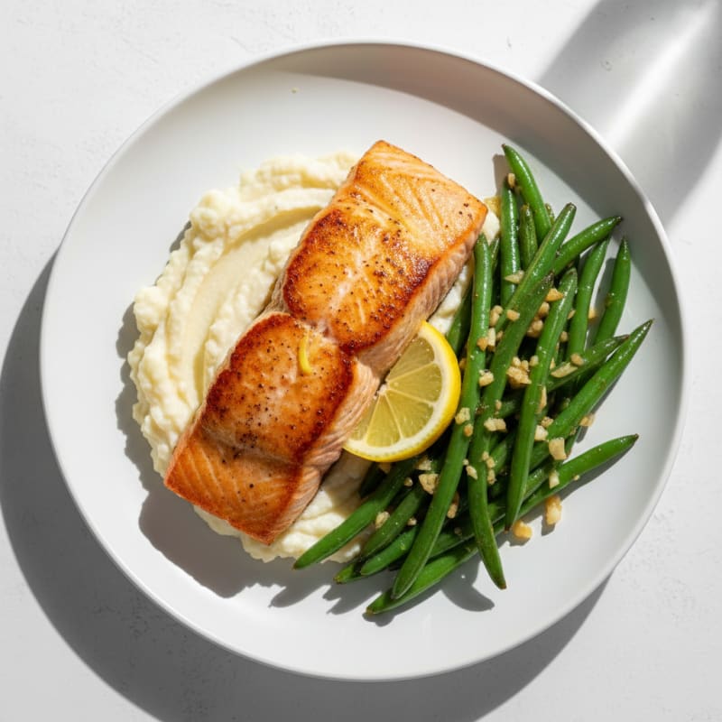 Seared Salmon with Garlic Green Beans and Cauliflower Mash